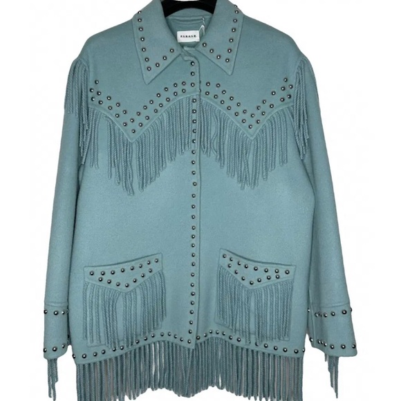 Fringed Studded Light Blue Women’s Western Coat - Picture 2 of 4